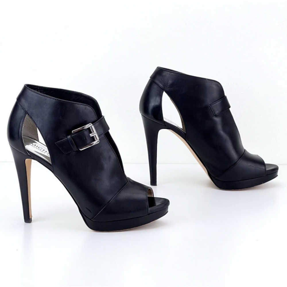 MICHAEL Michael Kors Black Leather Peep-Toe Cutout Booties with Buckle